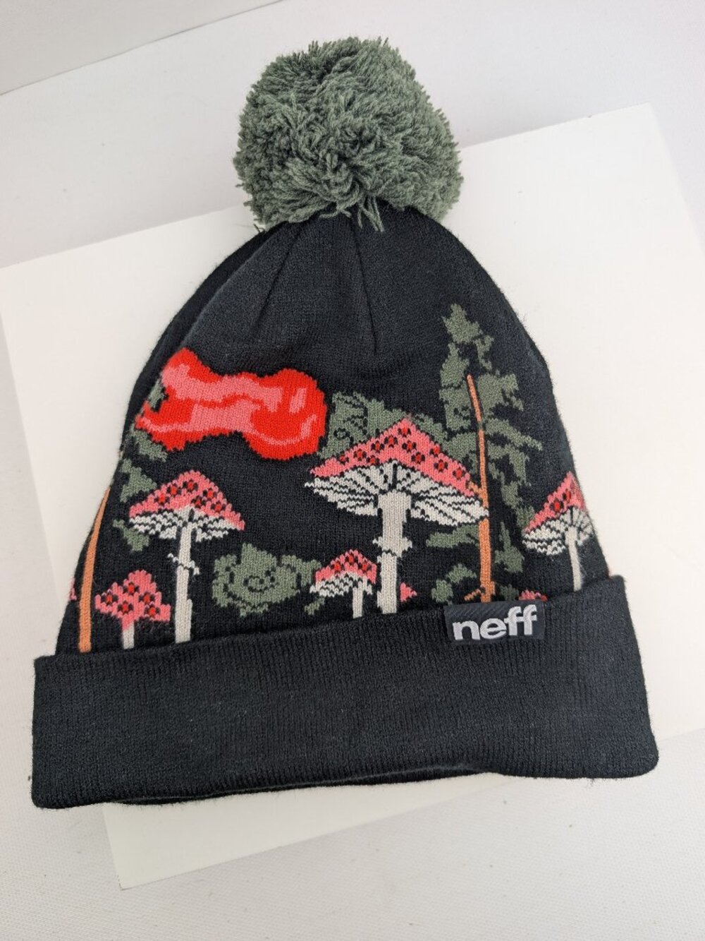 NEFF Mushroom Beanie Black with Green Pom Pom Cap Knit Hat Acrylic Unisex